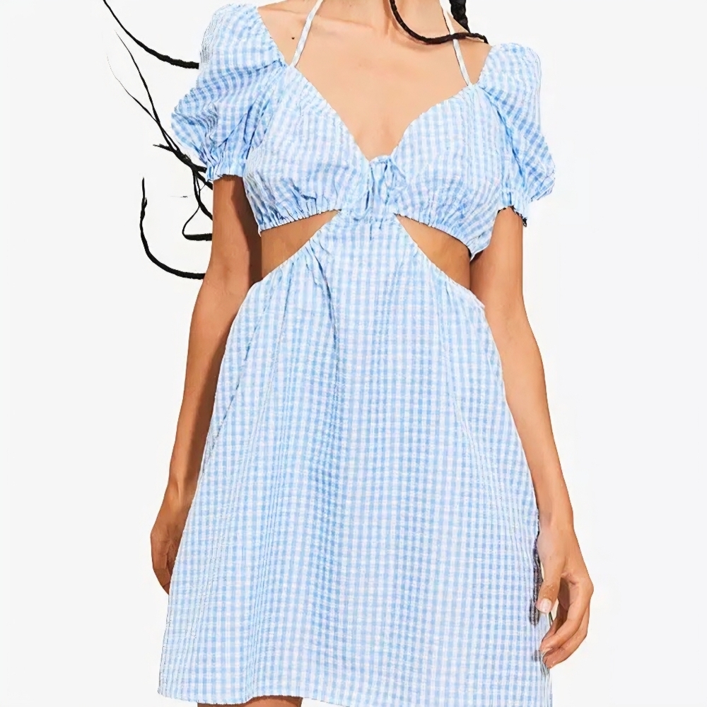 H&M Divided Blue White Gingham Cutout Mini Dress Puff Sleeve NWT Women's L